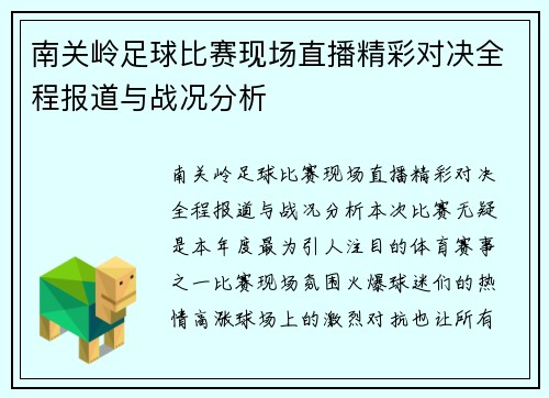 南关岭足球比赛现场直播精彩对决全程报道与战况分析